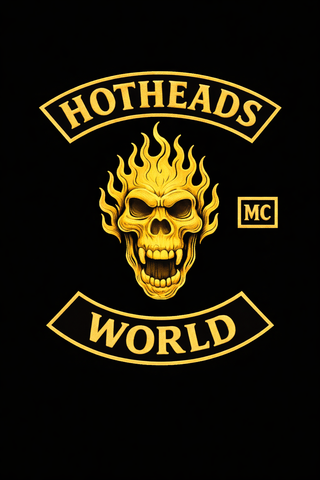 Hot Heads MC logo - skull and flames with HOTHEADS WORLD MC lettering